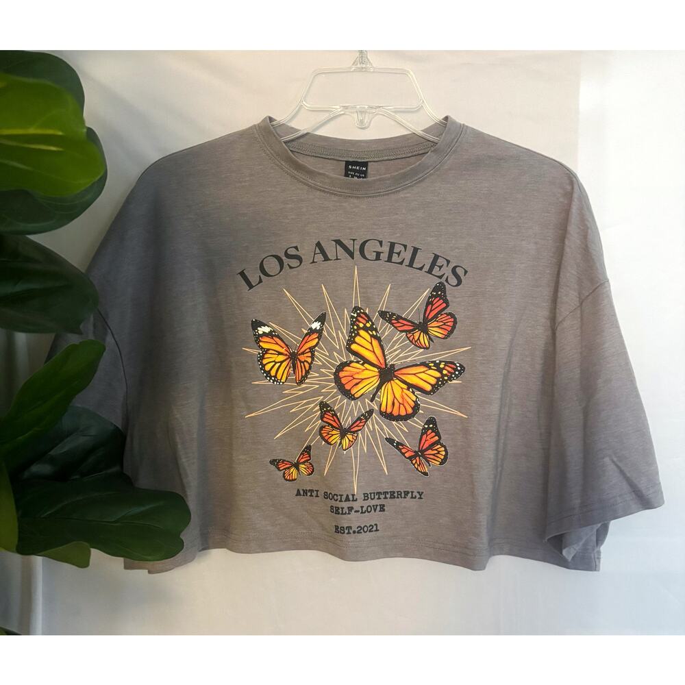 Shein Gray Butterfly Graphic Cropped T-Shirt Womens Size S